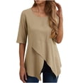 thumbnail image 1 of Wycnly Womens Shirts Fashion Irregular Hem Soft Cotton Linen Tunic Tops Summer Elbow-Length Round Neck Ladies Solid Tops and Blouses Khaki s, 1 of 7