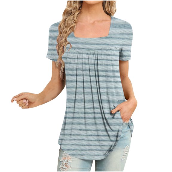 Wycnly Womens Shirts Fashion Pleated Swing Tops Lightweight Pullover Tunic Summer Short Sleeve Square Neck Ladies Striped Print Tops and Blouses Light Blue XXL