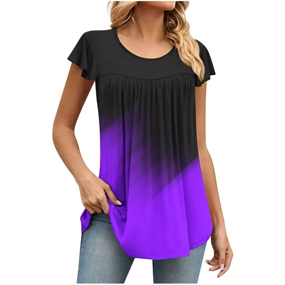 Wycnly Womens Shirts Fashion Ruffle Sleeve Flowy Pleated Swing Tunic Tops Summer Short Sleeve Crewneck Ladies Gradient Print Tops and Blouses Purple XXXL