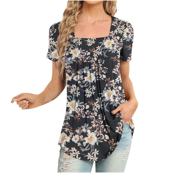 Wycnly Womens Shirts Fashion Smocked Swing Hem Tunic Tops Summer Short Sleeve Square Neck Ladies Flowers Print Tops and Blouses Dark Gray XXL