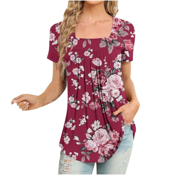 Wycnly Womens Shirts Fashion Smocked Swing Hem Tunic Tops Summer Short Sleeve Square Neck Ladies Flowers Print Tops and Blouses Hot Pink l