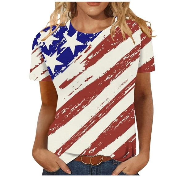 Wycnly Womens Shirts Loose Independence Day Patriotic Tops for 4th of July Summer Short Sleeve Crewneck Ladies USA Flag Print Tops and Blouses Red l