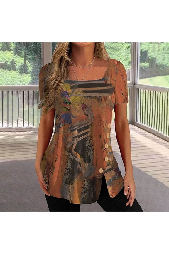 Womens Shirts Plus Size Irregular Button Down Slit Hem Vintage Graphics Tunic Tops Summer Short Sleeve Square Neck Ladies Western Print Tops and Blouses Brown XXXXL