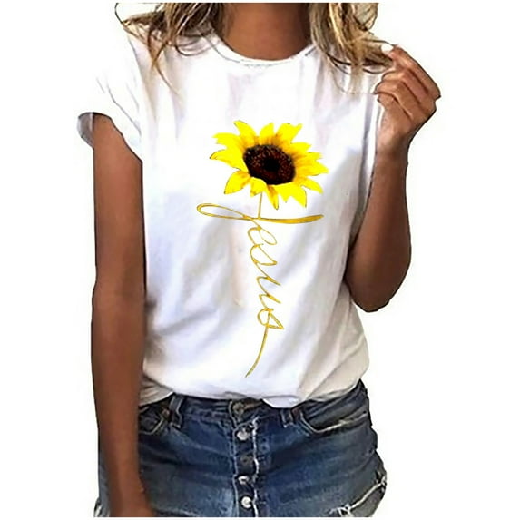 Wycnly Womens Shirts Plus Size Loose Fit Cute Tee Tops Summer Short Sleeve Crewneck Ladies Sunflower Print Tops and Blouses White l