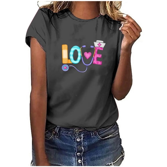 Wycnly Womens Shirts Round Neck Short Sleeve Love Letter Print Summer Cute Tops Nurse's Day Loose Fit Pullover Blouses Dark Gray m Under $5