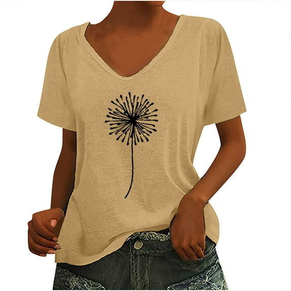Wycnly Womens Shirts V-Neck Short Sleeve Dandelion Print Summer Cute Tops Fashion Comfy Loose Fit Breathable Pullover Blouses Yellow xxl Clearance Clothes