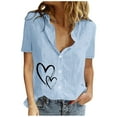 thumbnail image 1 of Wycnly Womens Shirts V-Neck Short Sleeve Heart Print Summer Cute Tops Fashion Button Down Lapel Soft Cotton Linen Cardigan Blouses Blue s Clearance Under $5, 1 of 6