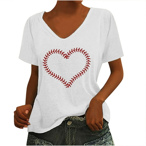 Wycnly Womens Shirts V-Neck Short Sleeve Heart Print Summer Cute Tops Fashion Graphics Loose Fit Breathable Pullover Blouses White xxxl Under $5