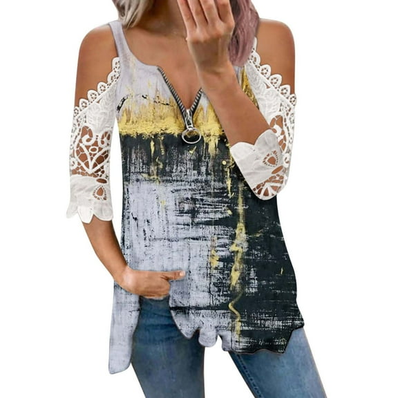 Wycnly Womens Shirts V-Neck Short Sleeve Marbled Print Summer Cute Tops Casual Lightweight Quarter Zip Cold Shoulder Lace Tunic Blouses Black s Clothes