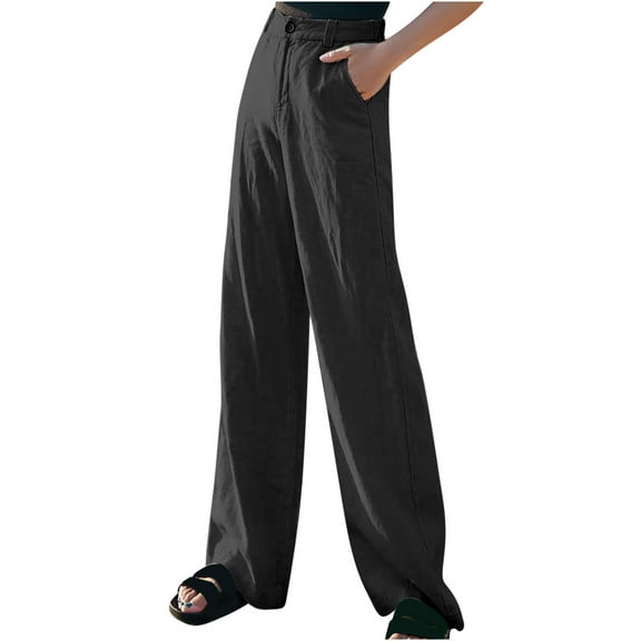 Wycnly Womens Suit Pants Casual Dress Pants for Women Business Solid Button Mid Waist Long Pants Ladies Straight Leg Comfy Cotton Linen Pants Trousers with Pocket Fall