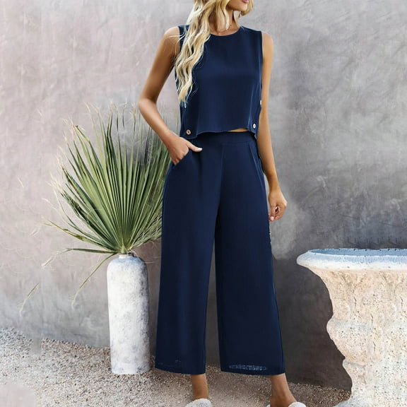 Wycnly Womens Summer 2 Piece Outfits Casual Solid Sleeveless Cropped Tank Tops and Wide Leg Pants Set Lounge Sets with Pocket under $5