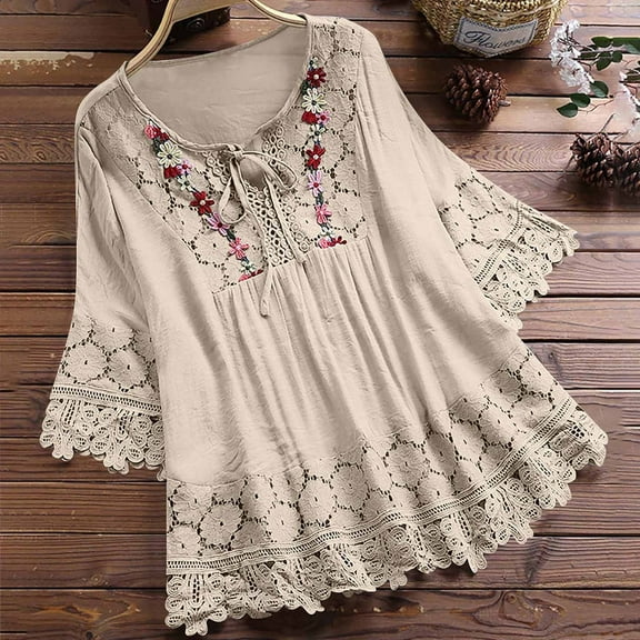 Wycnly Womens Summer Tops 2025 Summer Hem Tops Womens Summer Tops Vintage Embroidery Lace Trim Plus Size Shirts Ladies Comfy Cotton Linen Half Sleeve Strappy V Neck Tunic Blouses