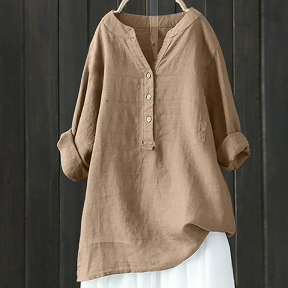 Wycnly Womens Summer Tops 2025 Summer Plus Size Tops Cotton Linen Tops for Women Casual Solid Button up Loose Long Sleeve Blouses Ladies Summer V Neck Tunic Shirts