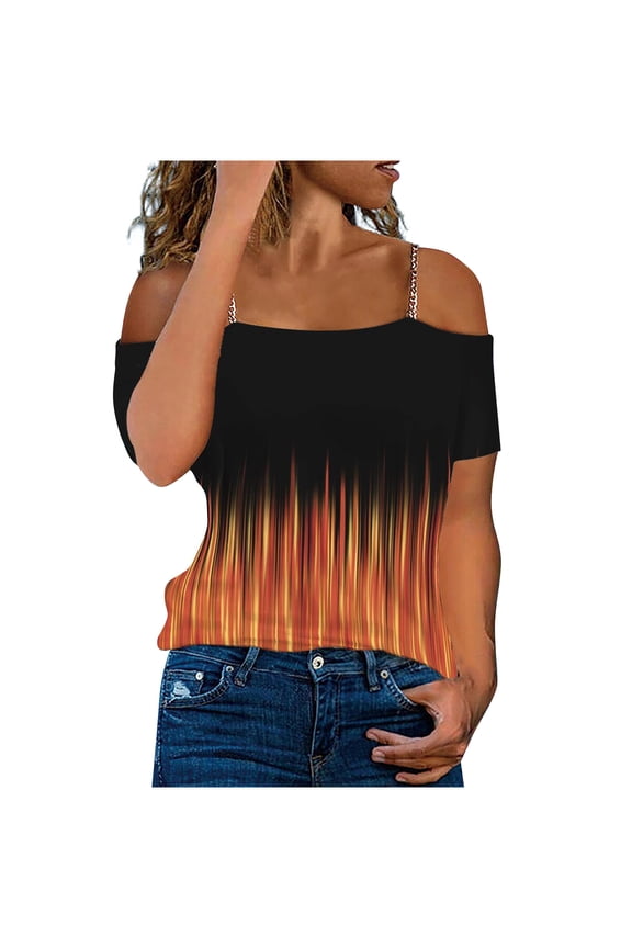 Womens Summer Tops Short Sleeve One-line Neck Flame Print T Shirts Going Out Sexy Off Shoulder Metal Strap Cami Tunic Blouses Red xxxl