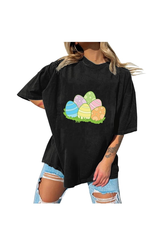 Womens Summer Tops Short Sleeve Round Neck Easter Eggs Print Easter Shirts Breathable Ladies Oversized Pullover Tee Blouse Black M