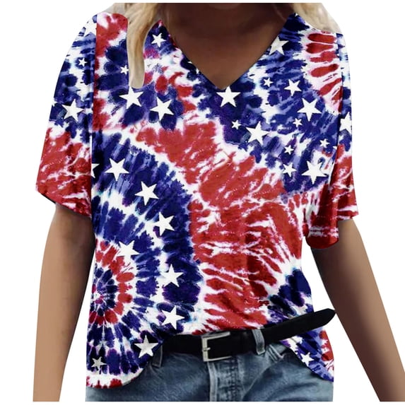 Wycnly Womens Summer Tops Short Sleeve V-Neck Star Print T Shirts Loose Fit Breathable Fashion 4th July Independence Day Pullover Blouses Red xl