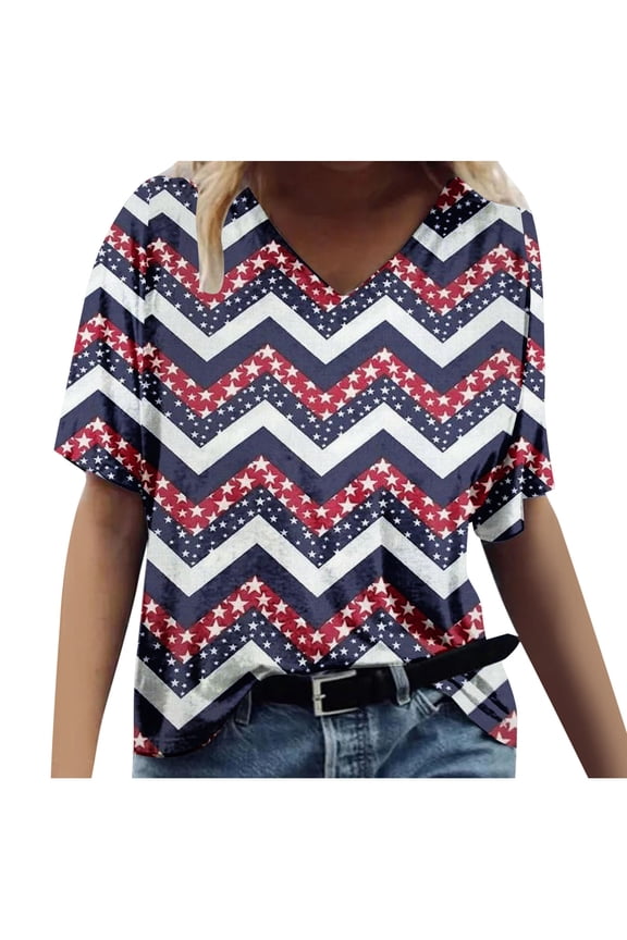 Womens Summer Tops Short Sleeve V-Neck Star Striped Print T Shirts Loose Fit Breathable Fashion 4th July Independence Day Pullover Blouses Dark Blue s