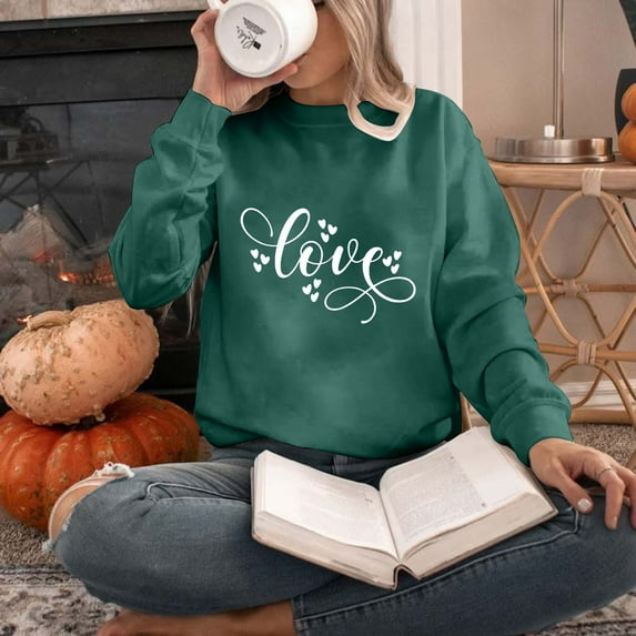Wycnly Womens Sweatshirt Oversized Sweatshirt for Women Valentine's Day Fashion Love Letter Print Heart Graphics Pullover Sweater Spring Ladies Long Sleeve Crewneck Blouses Tops