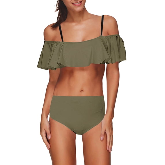 Wycnly Womens Swimsuits Bikini Swimsuits for Women Bikini Swimsuits Bikini Set Summer Cold Shoulder Ruffle Layer High Waist Swim Suits Bathing Suit for Women