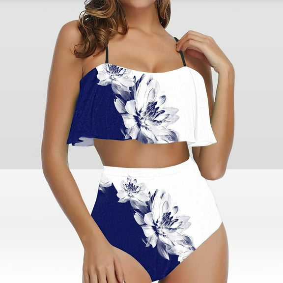 Wycnly Womens Swimsuits Bikini for Women Bikini Two Piece Swimsuits Summer Fashion Floral Print High Waist Strap Swimwear Tankini