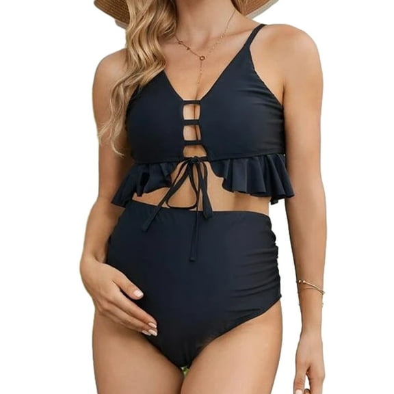 Wycnly Womens Swimsuits Bikini Sets for Women Bikini Sets Maternity Swimsuits Summer Fashion Ruffle Layer Tie Front High Waist Pregnancy Swim Suits Bathing Suits for Women