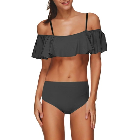 Wycnly Womens Swimsuits Bikini Swimsuits for Women Bikini Swimsuits Bikini Set Summer Cold Shoulder Ruffle Layer High Waist Swimsuits Swimming Suits for Women
