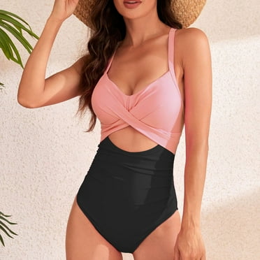 Wycnly Womens Swimsuits Clearance Monokini Swimsuit for Women Monokini Swimsuit One Piece Swimsuit Summer Color Block Hollow out Strap Tankini Swim Suit Bathing Suit for Women