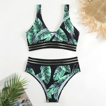 Wycnly Womens Swimsuits Tummy Control Swimsuit for Women Tummy Control Swimsuit Two Piece Swimsuits Summer Beach Vacation Fashion Leaves Print High Waist Bathing Suit Swimming Suits for Women