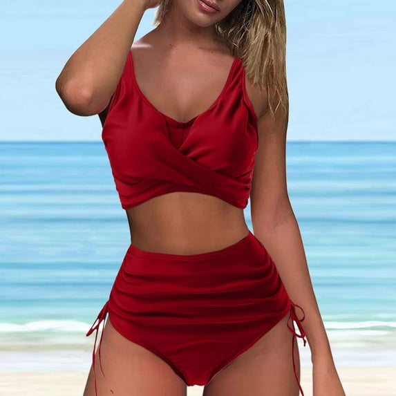 Wycnly Womens Swimsuits Two Piece Swimsuits for Women Two Piece Swimsuits Bikini Set Summer with Padded Beach High Waist Drawstring Swimsuit Womens Swimsuits