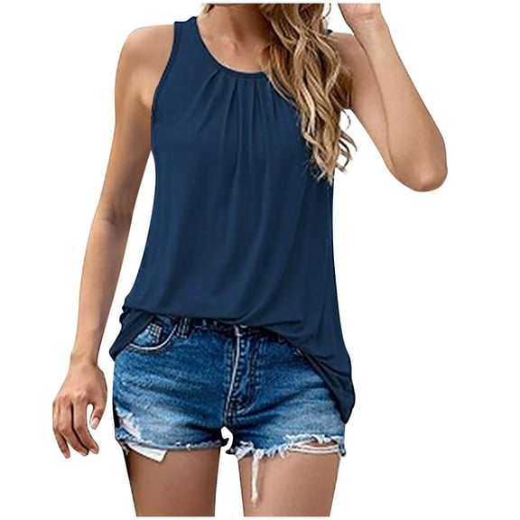 Wycnly Womens Tank Tops Back Keyhole Lightweight Smocked Swing Tunic Vest Summer Fashion Solid Round Neck Sleeveless Shirts Blouse Navy s