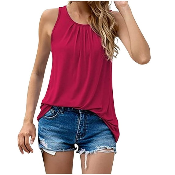 Wycnly Womens Tank Tops Back Keyhole Lightweight Smocked Swing Tunic Vest Summer Fashion Solid Round Neck Sleeveless Shirts Blouse Red m