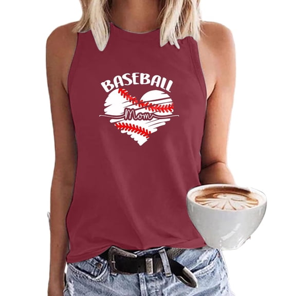 Wycnly Womens Tank Tops Baseball Mom Heart Graphics Crewneck Sleeveless Shirts Casual Loose Fit Racerback Tank Tops Blouses Wine XXL Clothes