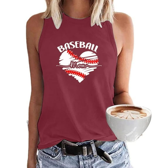 Wycnly Womens Tank Tops Baseball Mom Heart Graphics Crewneck Sleeveless Shirts Casual Loose Fit Racerback Tank Tops Blouses Wine XXL Clothes