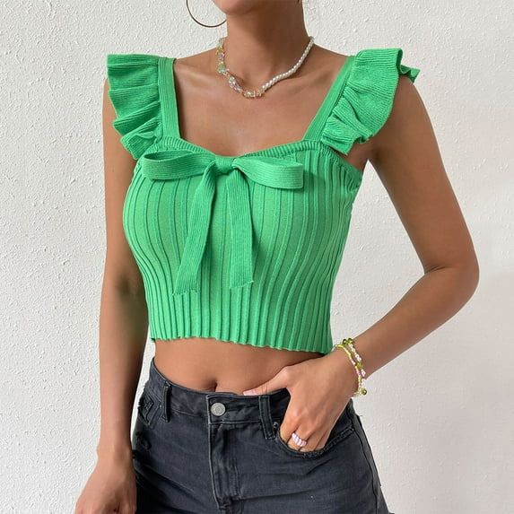 Wycnly Womens Tank Tops Casual Ruffle Sleeve Knitted Cotton Cropped Tops with Bow Summer Fashion Solid Square Neck Sleeveless Shirts Blouse Green m