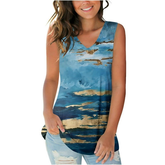 Wycnly Womens Tank Tops Comfy Lightweight Classic Tunic Vest Tee Tops Summer Fashion Marbled Print V-Neck Sleeveless Shirts Blouse Blue XL