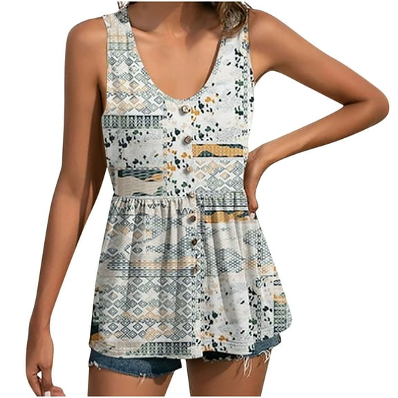 Wycnly Womens Tank Tops Elastic Waist Smocked Swing Tunic Vest Tops Summer Fashion Geometric Print V-Neck Sleeveless Shirts Blouse Yellow XL