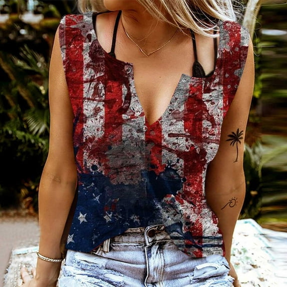 Wycnly Womens Tank Tops Lightweight Button Down Independence Day Patriotic Tunic Vest Tops Summer Fashion Star US Flag Print V-Neck Sleeveless Shirts Blouse Wine l