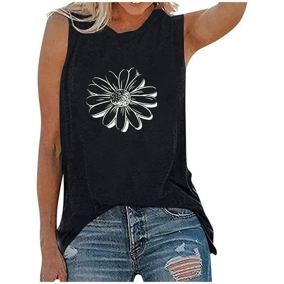 Wycnly Womens Tank Tops Loose Fit Comfy Breathable Casual Ladies Tank Tees Shirts Summer Trendy Sunflower Print Crewneck Sleeveless Shirts Blouse Black XL