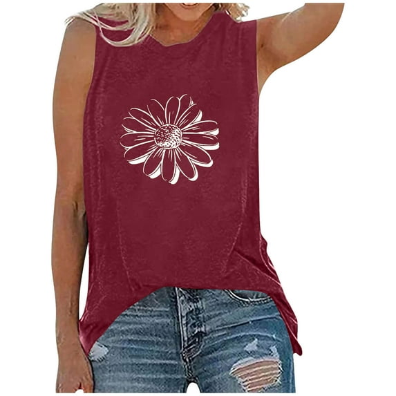 Wycnly Womens Tank Tops Loose Fit Comfy Breathable Casual Ladies Tank Tees Shirts Summer Trendy Sunflower Print Crewneck Sleeveless Shirts Blouse Wine l