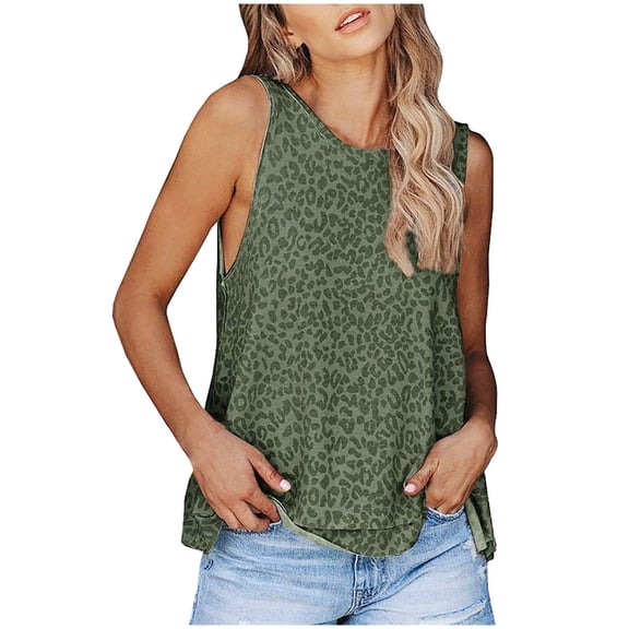 Wycnly Womens Tank Tops Loose Fit Lightweight Cotton Vintage Vest Tops Summer Fashion Leopard Print Round Neck Sleeveless Shirts Blouse Green l