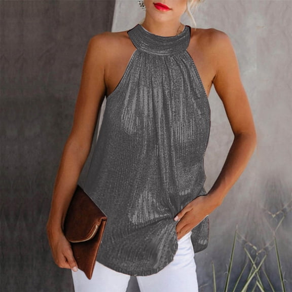 Wycnly Womens Tank Tops Party Club Sexy off Shoulder Sequin Pleated Swing Vest Tops Summer Fashion Solid Halter Sleeveless Shirts Blouse Dark Gray s