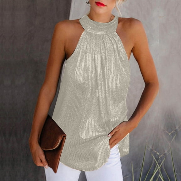 Wycnly Womens Tank Tops Party Club Sexy off Shoulder Sequin Pleated Swing Vest Tops Summer Fashion Solid Halter Sleeveless Shirts Blouse Silver l