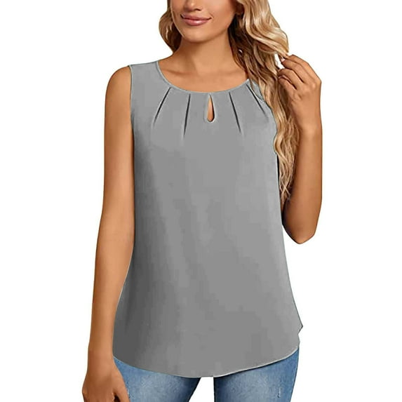 Wycnly Womens Tank Tops Plain Round Neck Sleeveless Shirts Summer Hollowed Casual Solid Smocked Lightweight Vest Blouse Gray XXL Clothes