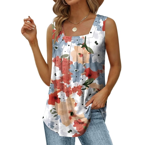 Wycnly Womens Tank Tops Pleated Swing Tank Tops Comfy Breathable Tunic Summer Fashion Floral Print Square Neck Sleeveless Shirts Blouse Orange l