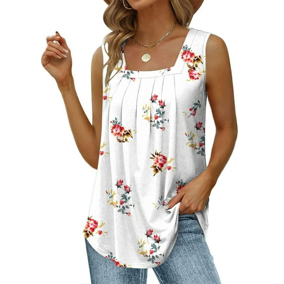 Wycnly Womens Tank Tops Pleated Swing Tank Tops Comfy Breathable Tunic Summer Fashion Floral Print Square Neck Sleeveless Shirts Blouse White XL