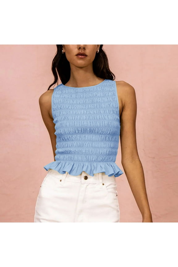 Womens Tank Tops Sexy Elastic Waist Slim Fit Ruffle Hem Going out Tank Tops Summer Fashion Solid Round Neck Sleeveless Shirts Blouse Blue s