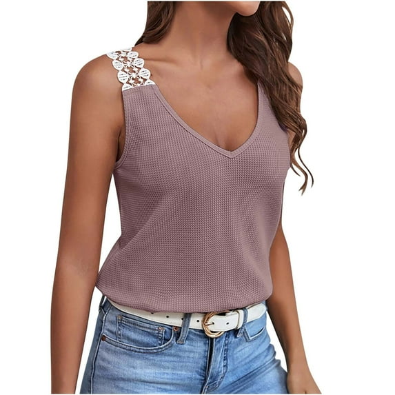 Wycnly Womens Tank Tops Sexy Lace Patchwork Knitted Ribbed Loose Fit Vest Tops Summer Fashion Solid V-Neck Sleeveless Shirts Blouse Purple l