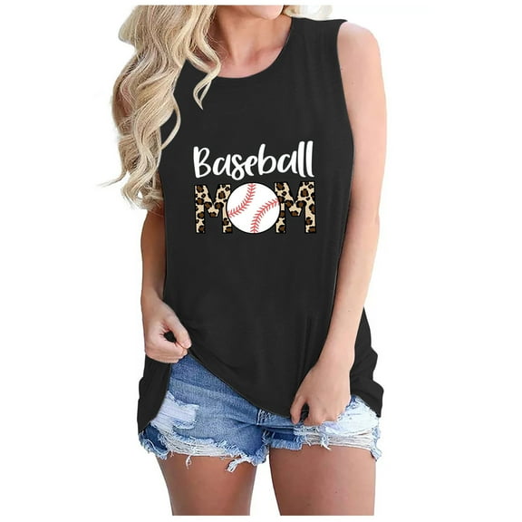 Wycnly Womens Tank Tops Summer Baseball Mom Print Round Neck Sleeveless T Shirts Mother's Day Fashion Letter Print Loose Breathable Comfy Vest Blouse Black l Under $5