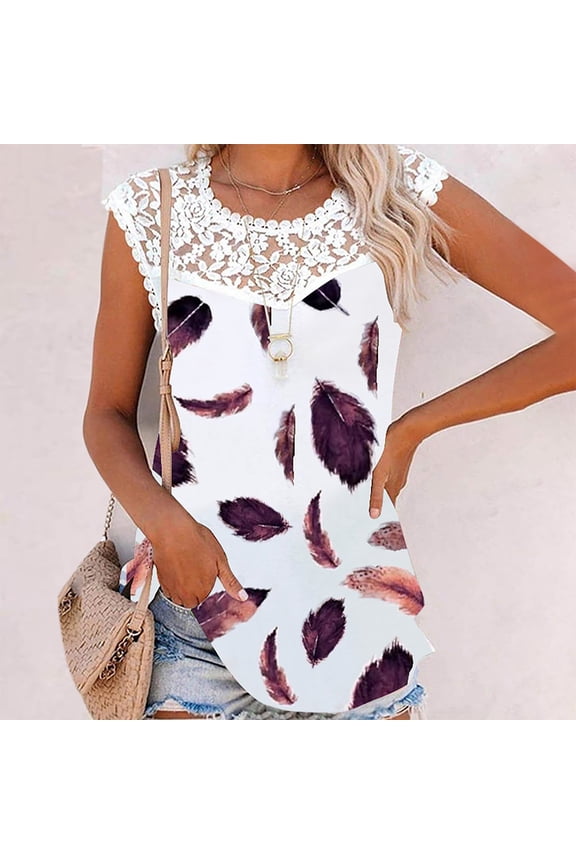 Womens Tank Tops Summer Feather Print Round Neck Sleeveless T Shirts Plus Size Fashion Lace Patchwork Lightweight Tunic Vest Blouses Purple xxxxl Under $5