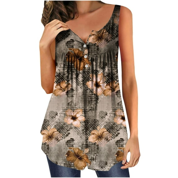 Wycnly Womens Tank Tops Summer Floral Print V-Neck Sleeveless T Shirts Button Pleated Swing Tunic Blouses Breathable Henley Shirts Vest Coffee xxl Under $5